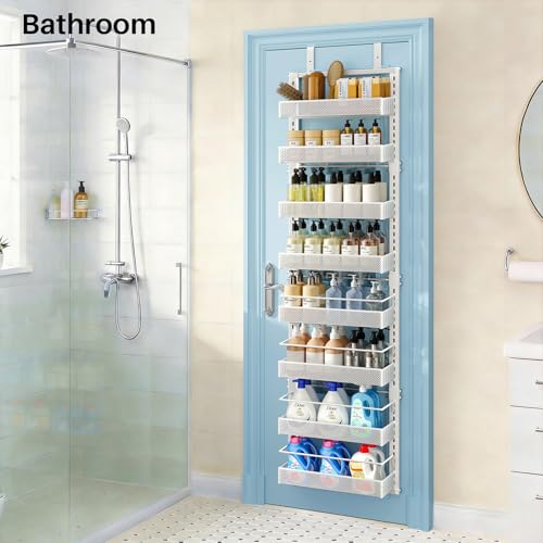 8 Tiers Over the Door Organizer - Height Adjustable Pantry Organizers and Storage with Dense Mesh Baskets, Anti-Swing Hanging Door Spice Rack for Kitchen Bathroom (White, 12.3"W x 4.7"D x 69"H) - color: White, size: 12.3"W x 4.7"D x 69"H