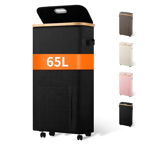 Vincona Laundry Basket with Wheels, Tall Dirty Clothes Hamper on Wheels, Rolling Laundry Hamper with lid for Dorm, Bedroom and Bathroom - color: Black, size: 65L
