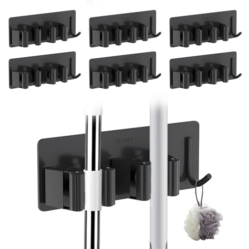 Broom Holder Wall Mount No Drill,Broom and Mop Organizer Wall Hanging Heavy Duty with Hooks Hanger, Self Adhesive Stainless Steel Broom Organizer for Bathroom, Kitchen, Laundry Room Storage (6Pcs)