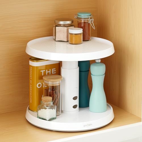 YouCopia Crazy Susan Two-Tier Turntable, Height-Adjustable Lazy Susan Organizer for Kitchen Cabinet and Pantry Organization and Storage, White - size: Two Tier