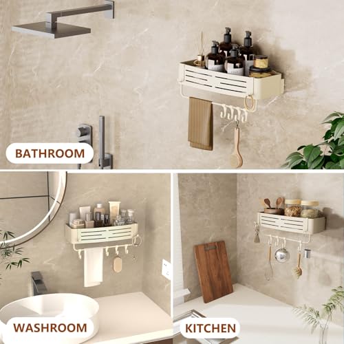 Onemake Aluminum Shower Caddy Suction Cup, No Drilling Bathroom Shower Shelf, Corner Shower Caddy with 6 Portable Hooks, Removable Bath Organizer with Towel Bar for Bathroom Storage(Cream White) - style: 1 Tier-Ivory White Square Caddy