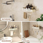 Onemake Aluminum Shower Caddy Suction Cup, No Drilling Bathroom Shower Shelf, Corner Shower Caddy with 6 Portable Hooks, Removable Bath Organizer with Towel Bar for Bathroom Storage(Cream White) - style: 1 Tier-Ivory White Square Caddy