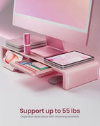 Pink Monitor Stand Riser, Klearlook Foldable, Height Adjustable Computer Stand, Desk Shelf Riser with Storage Drawer &Tablet Phone Stand for Desktop, Laptop - color: Pink
