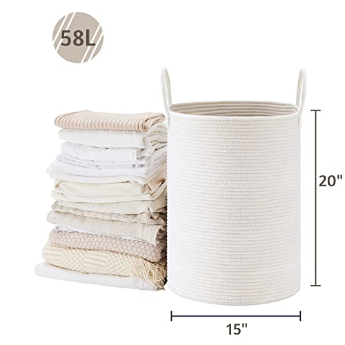 VIPOSCO Large Laundry Hamper, Tall Woven Rope Storage Basket for Blanket, Toys, Dirty Clothes in Living Room, Bathroom, Bedroom - 58L White - color: White, size: 58L