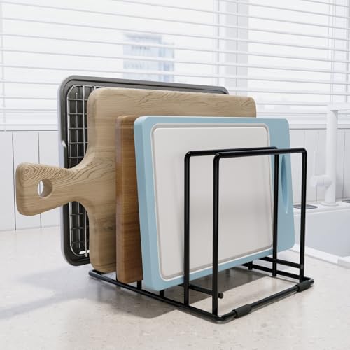 AKSONMN Baking Sheet Organizer Rack – 5-Slot Bakeware & Cookie Tray Holder for Kitchen Cabinet or Countertop, Stainless Steel Cutting Board Rack with Rust-Resistant Frame & Anti-Slip Feet
