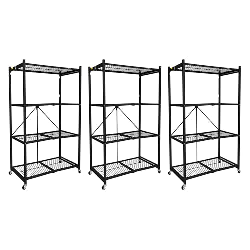 Origami 3 Pack 4 Tier Foldable Metal Garage Storage Shelf Rack, Wheels & Powder Coated Steel, Black - color: Black, size: 3-Pack