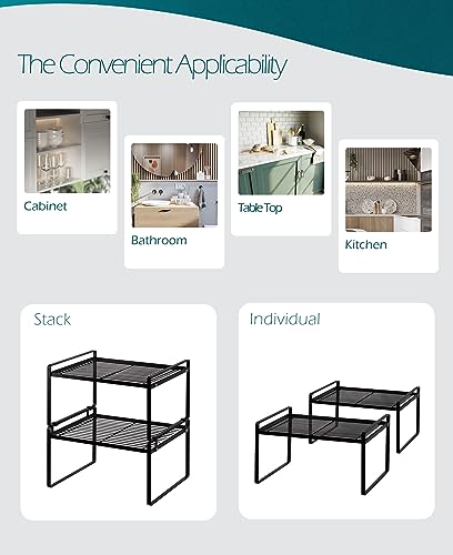 Shantton 2Pack Kitchen Cabinet Shelf Counter Organizer Rack Pantry Storage Bathroom Bedroom Office Table Desk Space Saving Stackable Rust Resistant Non Slip Black Wide L13.1in W10.6in H7.3in - color: Black, size: L13.1'' W10.6'' H7.3''