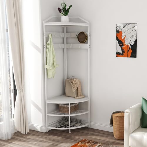 GiftGo Corner Hall Tree with Shoe Bench Entryway Coat Rack with 10 Metal Movable Hooks Freestanding Clothes Rack Shoes Shelf Organizer for Home Office Bedroom (White) - color: White