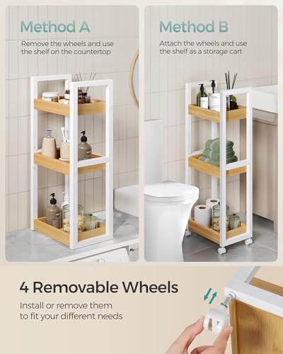 SONGMICS Bamboo Rolling Cart, 3-Tier Utility Cart on Wheels, Slim Narrow Storage Shelf, Bamboo Shelves, Space-Saving, Multifunctional, for Bathroom, Kitchen, White and Natural UBCB083N02 - color: White + Natural, size: 3 Tiers (7.9"D x 11.8"W), style: Wit