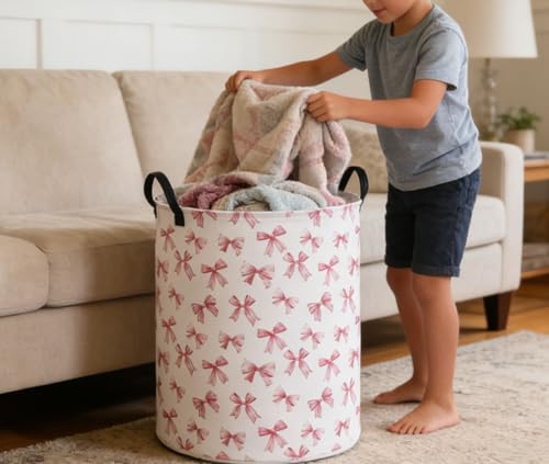 Essme Kids Laundry Basket,Pink Hamper Waterproof Storage Bin for Girls, Pink Hamper,Gift Baskets(Pink Bowknot) - color: Pink Bowknot
