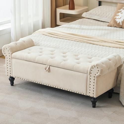 51" Storage Ottoman Bench, End of Bed Bench for Bedroom, Storage Ottomans for Foot of Bed, Chenille Upholstered Benches, Window Benches for Living Room, Entryway, Beige - color: Beige