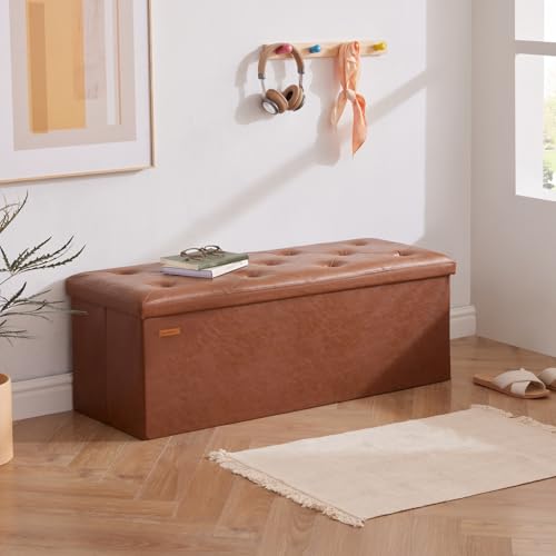 HAUSFRAU Storage Ottoman Bench with Flipping Lid, 43.3 Inches Storage Chest Footsrest, Folding Foot Stool for Entryway, Living Room, Bedroom, Synthetic Leather Retro Brown - color: Retro Brown, size: 15"D x 43.5"W x 15"H
