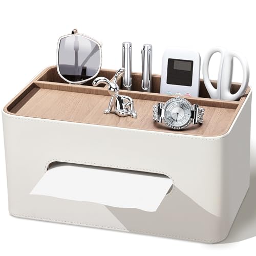 PU Leather Tissue Box Cover Rectangular with Storage Organizer, Multifunctional Remote Control Holder, Desk Organizer for Living Room, Bedroom, Office, Decorative Tissue Holder with Compartments Beige - color: Beige