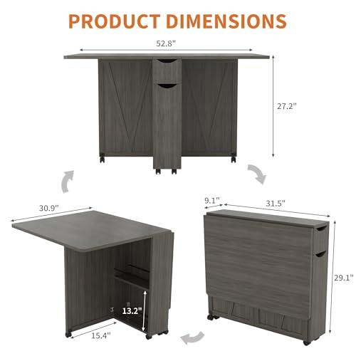 Garvee Folding Dining Table with Storage, Folding Kitchen Table with 6 Wheels, Drawer & Shelves, Compact Dining Table for Small Spaces - color: Grey