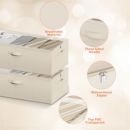 10inch 3 Pack Under Bed Storage Containers, 10 Inch Tall Underbed Clothes Storage Organizer Bin with Clear Window，Foldable Box Basket for Clothes, Closet, Bed Sheets and Blankets Beige - color: Beige
