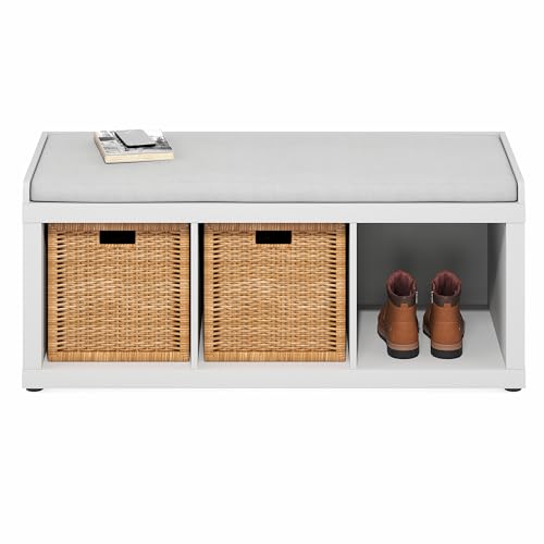 Furinno Cubicle Storage Bench, Shoe Bench with Padded Seat Cushion, 3-Cube Open Shelves Entryway Bench, for Closet, Entryway, Living Room, White