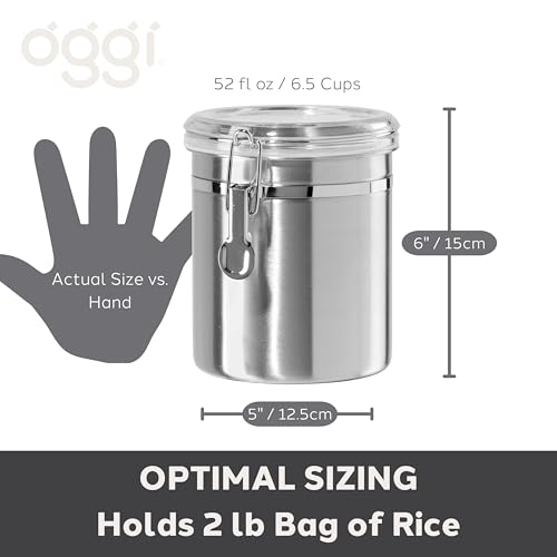 Oggi Stainless Steel Kitchen Canister 152 fl oz - Airtight Clamp Lid, Clear See-Thru Top - Ideal for Kitchen Storage, Food Storage, Pantry Storage. Jumbo Size 8" x 8". - color: Stainless Steel, size: 152 Fluid Ounces, style: Airtight Canister