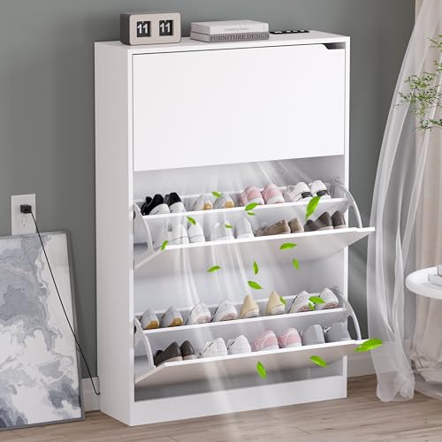 BORNOON Shoe Cabinet with Odor Control and Back Panels, Deodorizing Slim 3-Flip Shoe Storage Cabinet for Entryway, Freestanding Hidden Shoe Rack Organizer for Entrance, Hallway, Bedroom - color: White, size: Deodorizing 3-Flip