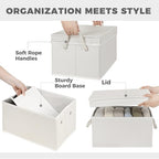 Set of 3 Fabric Bins for Organization - Foldable & Stackable With Lid & Rope Handles - Collapsible Fabric Storage Cubes Lightweight & Sturdy Bottom, Space Saving Collapsible Bin, Ivory