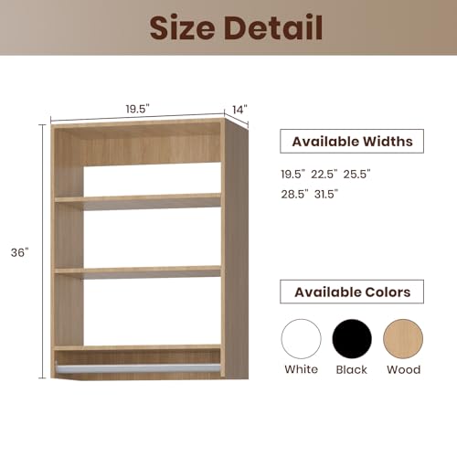 ROOMTEC 19.5" Medium Hanging Closet Unit, Modular Closet System with Hanging Rod, Wardrobe Organizer for Bedroom or Walk-in Closet, Wall Mounted, Customizable Clothes Storage Unit, Wood - color: Wood, size: 19.5" Wide, style: Medium Hanging
