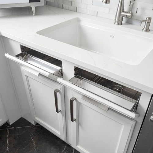 2 Set 16 Inch Stainless Steel Sink Drawer Tip Out Tray Kit Include Tip-Out Sink Trays and Hinges Large Pull Out Storage Organizer for Kitchen Bathroom Base Cabinets - size: 16 inch