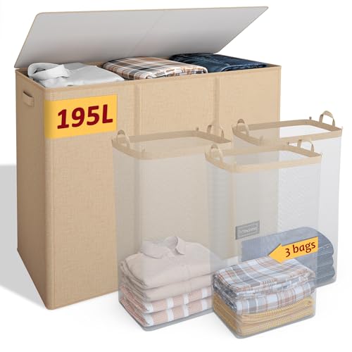 195L Laundry Hamper 3 Section,Large Laundry Hamper with Lid,Dirty Clothes Hamper with 3 Inner Bags,Collapsible Laundry Basket Organizer for Laundry Room,Bedroom,Laundry Sorter Hamper 3 Compartment - color: Oatmeal, size: 195L