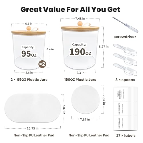 3 Pack Laundry Pods Container,Laundry Room Organization and Storage Jars,Laundry Detergent Container for Powder,Pods,Scent Booster,with Non-Slip PU Leather Pad and Handle,Bamboo Lids,Labels and Scoops - size: 3 Pack