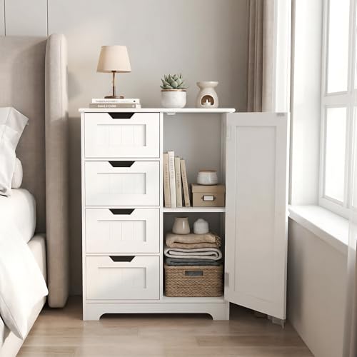 Casaphoria Bathroom Storage Cabinet with Drawers, Freestanding Floor Cabinet with Door and Adjustable Shelf, 4-Drawer Sideboard for Bathroom, Living Room, Kitchen, White - size: 22.04"L×11.81"W×32.68"H