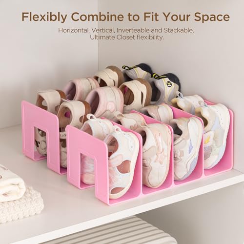HBlife Pink Acrylic Kids Shoe Rack for Closet Organizers and Storage, Small Shoe Rack 4 Sections Toddler Baby Shoe Storage Organizer Stackable Shoe Shelf,Desk File Sorter Book Purse Organizer(2 Pack) - color: Pink, size: 2 Pack