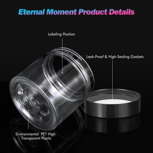 50 Pack 2 OZ Plastic Jars Round Clear Cosmetic Container Jar with Lids, Eternal Moment Plastic Slime Jars for Lotion, Cream, Ointments, Makeup, Eye shadow, Rhinestone, Samples, Pot, Travel Storage - color: Black Lid, size: 2 Ounce