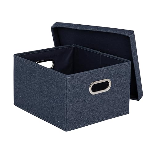 Household Essentials Collapsible Cotton Blend Storage Box with Lid and Metal Grommet Handle, Set of 2, Denim - color: Denim, size: 2 Count