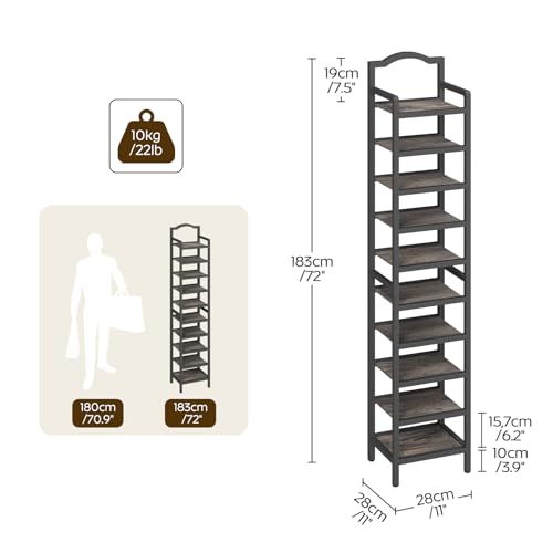 YATINEY 10-Tier Tall Shoe Rack, Vertical Shoe Organizer for Small Spaces, Wooden Shoe Shelf for Entryway, Space Saving Shoe Storage, Holds 10 Pairs of Shoes, Charcoal Gray and Black SS50BC - color: Charcoal + Black, size: 11" x 11" x 72"