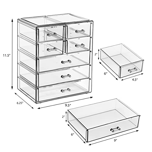 Sorbus Acrylic Makeup Organizer Set, 7-Drawer Vanity & Countertop Cosmetic Storage with Small & Wide Drawers, Clear Makeup Storage for Brushes, Lipsticks, Jewelry – Holiday Gift for Women & Teens - color: Clear, style: 3 Large, 4 Small Drawers