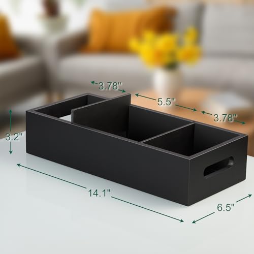 14 Inch Bathroom Basket with Removable Dividers - 3 Comparments Wood Toilet Paper Basket with Handle for Back of Toilet Tank Topper - Black Storage Organizer for Bathroom Kitchen Pantry Organization - color: Black
