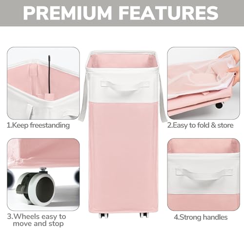 Goodpick Laundry Basket with Wheels, 75L Tall Clothes Hamper, Large Laundry Basket with Removable Wash Bag for Corner Dorm, Rolling Hamper, Pink&White - color: Pink & White 1-Pack