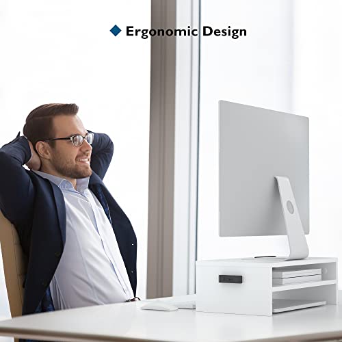 BONTEC Wooden Monitor Stand Riser, 2-Tier Desk Shelf with Storage Organizer, Ergonomic Computer Stand with Cable Management, Cellphone Holder, White, 16.5 Inch - color: White, size: 16.5 inch