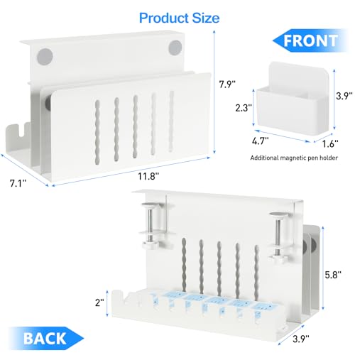 MAXECHO Desk Side Storage, Under Desk Laptop Mount, Table Side Hanging File Organizer, No Drill Clamp On Cable Management Tray, Laptop Holder with Magnetic Pen Holder for Office and Home, Load 22 Lbs - color: White, size: Double-deck with Pen Holder & Cab