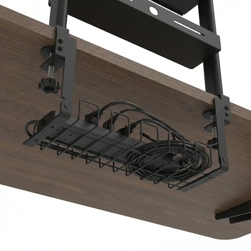 Clamp On Desk Shelf, 17'' 2-Tier Desktop Organizer Shelf with Under-Desk Hidden Storage Basket, Heavy-Duty Desk Shelves for Top of Desk, Space-Saving Desk Storage for Home Office Gaming Setup (Black)