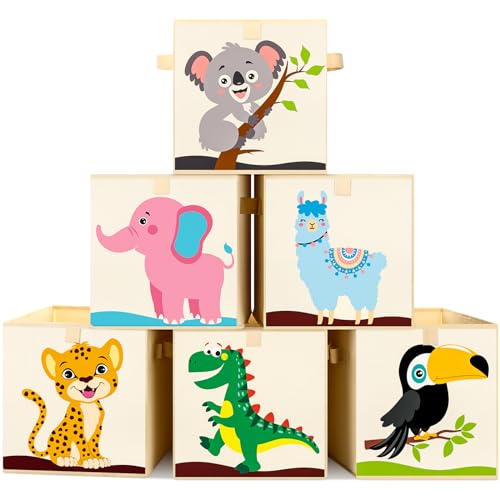 Kigley 6 Pcs Collapsible Cube Storage Bins Kids Foldable Storage Cube Organizer Fabric Toy Box Decorative Kids with Handles for Home Nursery Bedroom, 10.6 x 10.6 Inch(Classic Animal) - style: Classic Animal