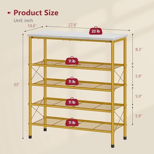 Tajsoon 5 Tier Shoe Rack Organizer for 16-20 Pairs of Shoes, Metal Mesh Shoe Shelf for Closet, Industrial Shoe Rack for Entryway Shoe Storage with X Shape Fixed Frame, White & Gold - color: White & Gold, size: 5-Tier