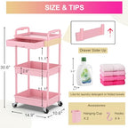 Goovilla 3 Tier Rolling Utility Cart Organizer with Removable Drawer, Stable and Sturdy Pink Rolling Storage Carts with 2 Lockable Wheels for Bathroom, Kitchen, Snack, Craft, Makeup, Baby Essentials - size: 3 Tier, style: Pink