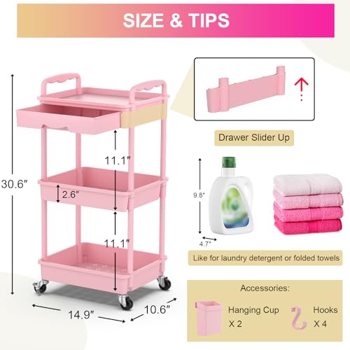 Goovilla 3 Tier Rolling Utility Cart Organizer with Removable Drawer, Stable and Sturdy Pink Rolling Storage Carts with 2 Lockable Wheels for Bathroom, Kitchen, Snack, Craft, Makeup, Baby Essentials - size: 3 Tier, style: Pink