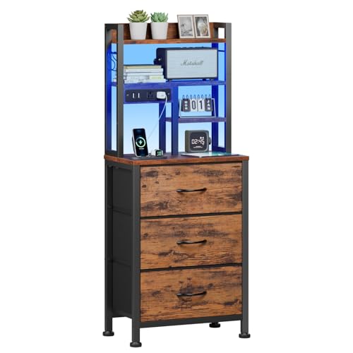 Furnulem Tall Night Stand with LED & USB Ports, 45.3inch Nightstand with Open Bookshelf, Bedside Table with 3 Fabric Drawers for Bedroom/Dorm/Office, Rustic Brown Wood-Metal Frame - color: Rustic Brown, size: 3 Drawer