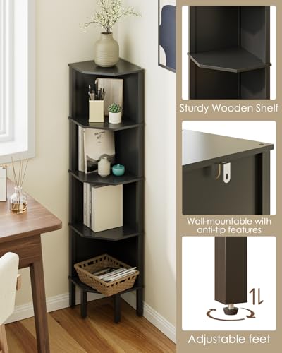 Corner Shelf, 5 Tier Corner Bookshelf, Display Corner Shelf Stand with Storage Rack, Wall Corner Bookshelf for Living Room, Bedroom, Office, Black - color: Black Without Light
