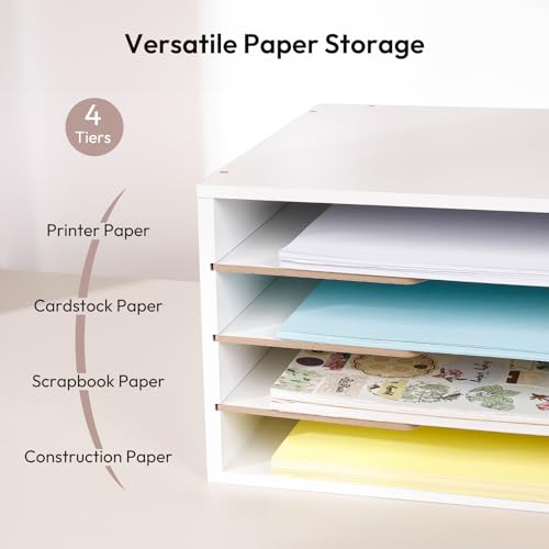 Yumkfoi 12x18 Construction Paper Organizer, 4-Tiers Paper Storage Shelf, Wooden Desk Organizer, File Holder and Letter Tray for Office, Home, Classroom - size: 20.2" x 13.3" x 8.5"