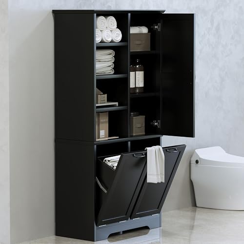 Tall Storage Cabinet with Door and Open Shelf, Multi-Functional Laundry Hamper Basket for Home Bathroom, Laundry Room, Black - color: Black