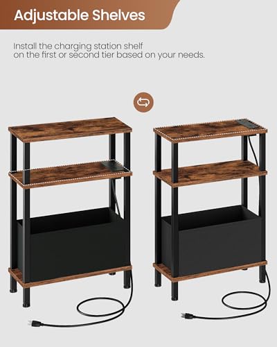 CHOEZON Small Narrow Side Table with Charging Station, Skinny End Table with Fabric Basket, Slim Nightstand for Small Spaces, Sofa Side Table, for Living Room, Bedroom, Rustic Brown and Black TBZ07UBF - color: Rustic Brown + Black