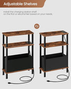 CHOEZON Small Narrow Side Table with Charging Station, Skinny End Table with Fabric Basket, Slim Nightstand for Small Spaces, Sofa Side Table, for Living Room, Bedroom, Rustic Brown and Black TBZ07UBF - color: Rustic Brown + Black