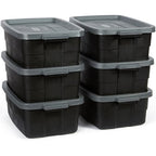 Rubbermaid 6-Pack Totes for Storage with Lids, Heavy Duty Plastic Storage Bins with Lids, Black Gray, 10 GAL - Stackable for Garage, Attic, Camping (10 GAL - 6 Pack Solid Black and Grey) - size: 10 Gal - 6 Pack
