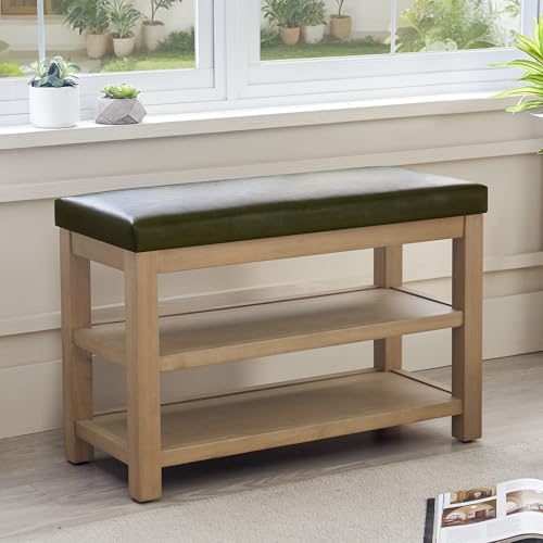 Zihanhome Shoe Rack Bench with Leather Cushion, 2 Tier Solid Wood Storage Bench, Mid-Century Modern Shoe Bench for Entryway, Hallway, Closet, Front Door Entrance, Foyer (Green, 31.5) - color: Green, size: 31.5"